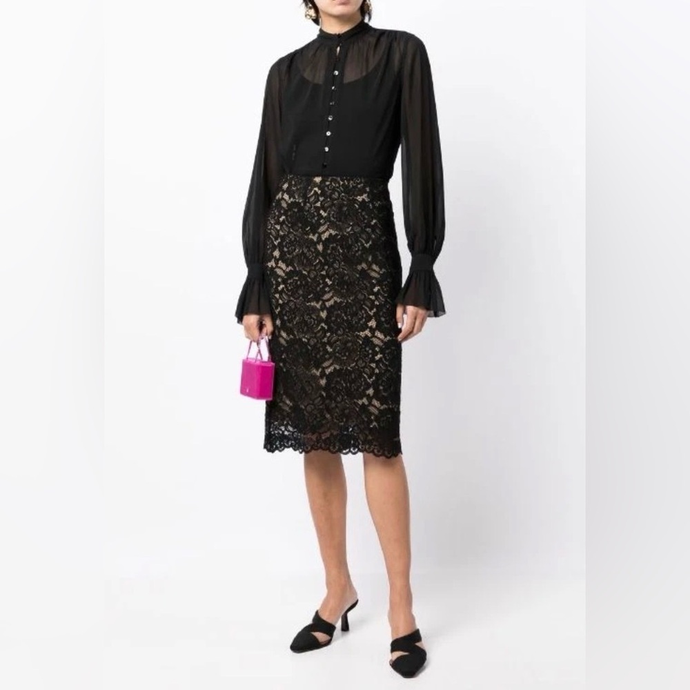 L'agence Womens Balloon Long Sleeved Black Sheer Button Blouse Classic Sz L NWOT - Picture 2 of 8